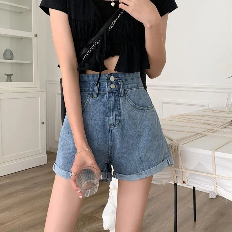 Summer Women Wide Leg Jeans Shorts High Waist Buttons