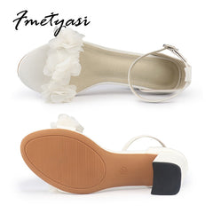 White Women Heels Flower Sandals Thick Heels Shoes Fashion