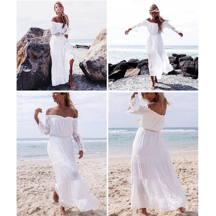 boho dress white off the shoulder beach sundress Flare long sleeve