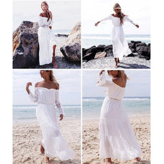 boho dress white off the shoulder beach sundress Flare long sleeve