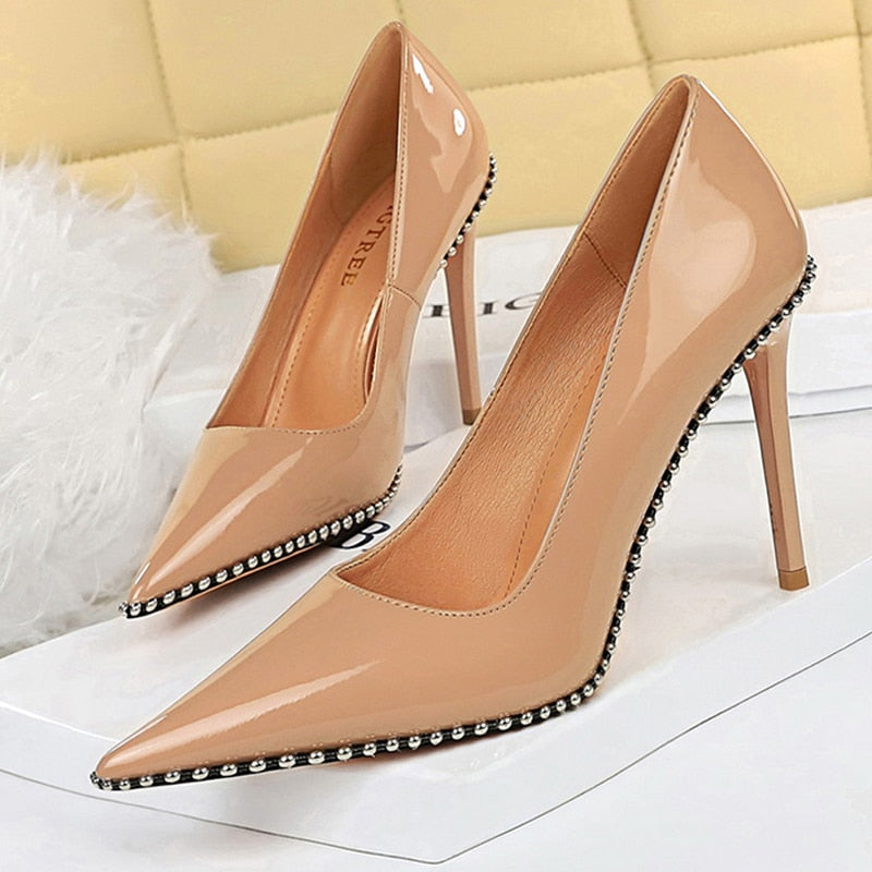 Shoes Rivet Woman Pumps High Heels Stiletto Pu Leather