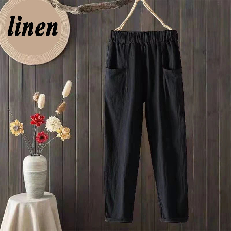 Summer Cotton Linen Pants Solid Color Elastic Waist Pocket Trousers