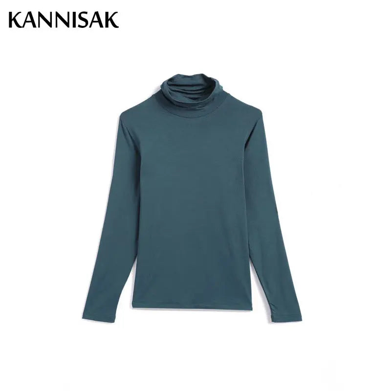 Women T-shirt Turtleneck Casual Slim High Solid Top