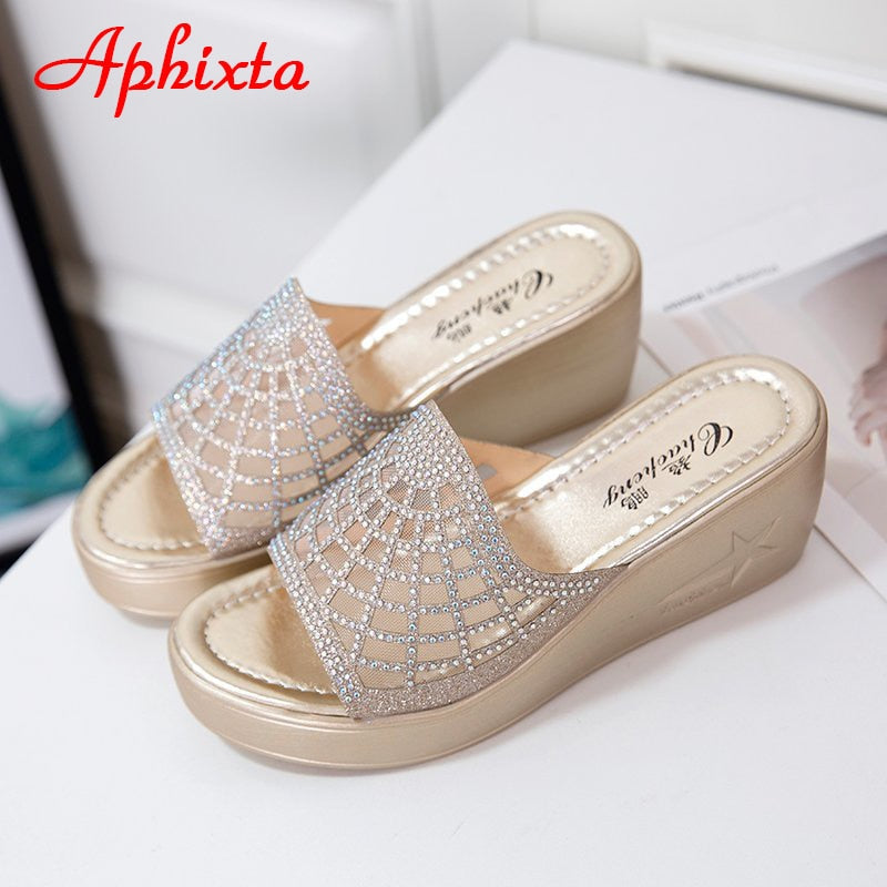 Wedge Heels Slides Women Slippers Platform Bling Crystals