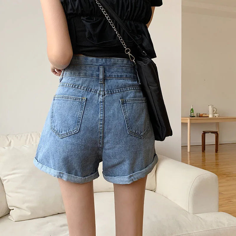 Summer Women Wide Leg Jeans Shorts High Waist Buttons