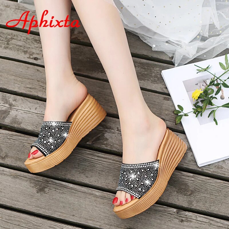 Crystals Wedge Slippers Women Platform Heels