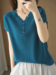 Short Sleeves T-shirt Button V Neck Cotton Linen Basic Solid Casual Top Tees