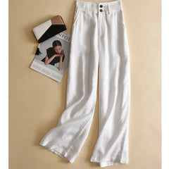 Fashion Cotton Linen Pants Elegant High Waist Wide Leg Trouser