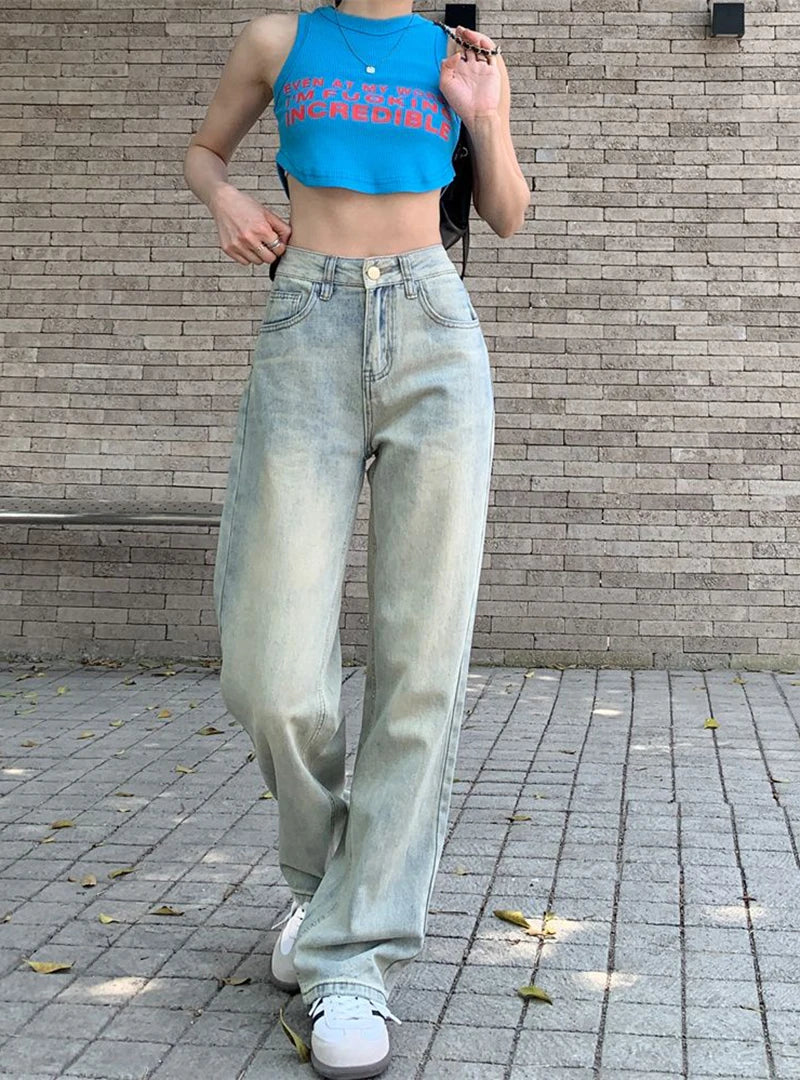 Washed Jeans for Vintage Distressed High Waist Denim Trousers