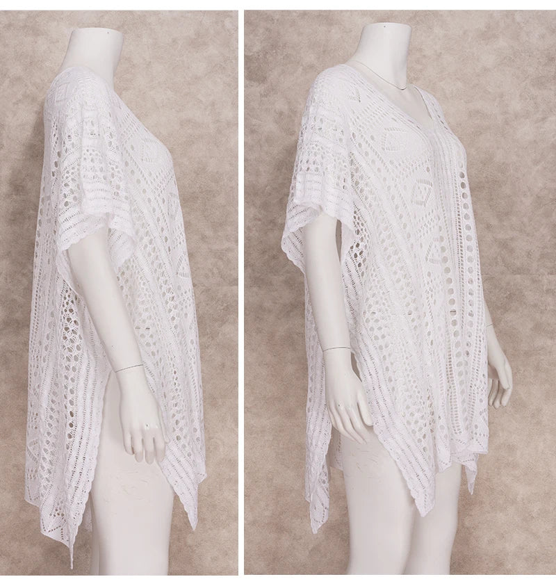 White Crochet Tunic Bikini Cover-ups Hollow Out Short Sleeve Tassel