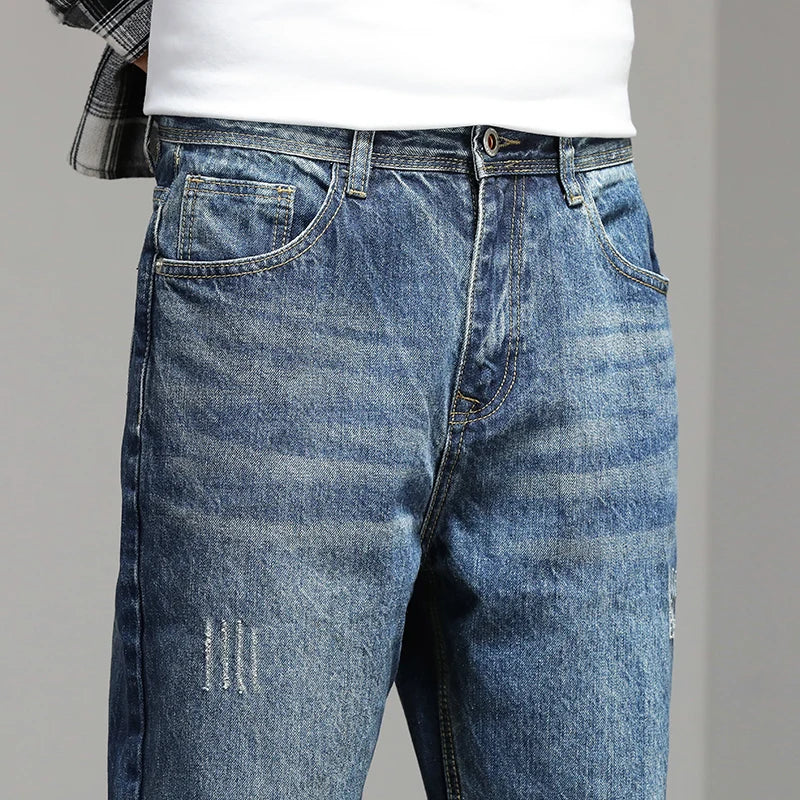 Men's Vintage Blue Straight-leg Jeans Business Casual Stretch Denim Pants