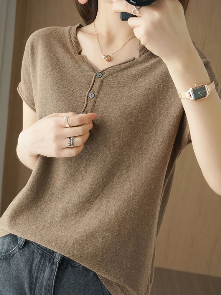 Short Sleeves T-shirt Button V Neck Cotton Linen Basic Solid Casual Top Tees