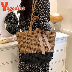 Handmade Straw Bags Ribbons Bowknot Beach Knitting Handbags