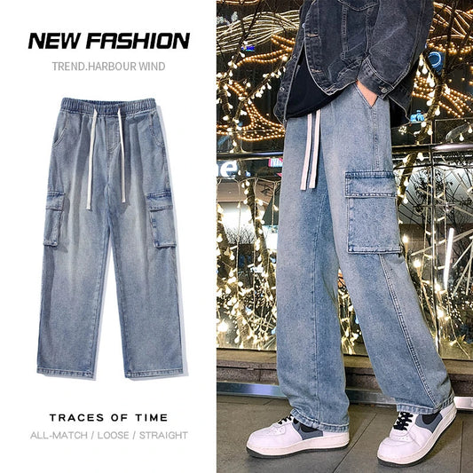 Elastic Waist Cargo Baggy Jeans High Street Pants Straight Y2K Multi-pocket Overalls