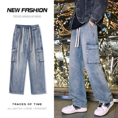 Elastic Waist Cargo Baggy Jeans High Street Pants Straight Y2K Multi-pocket Overalls