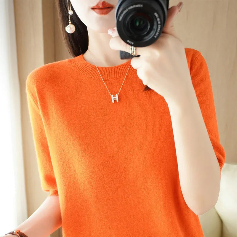 Sweater Short Sleeve O-neck Slim Fit Knitted Pullovers