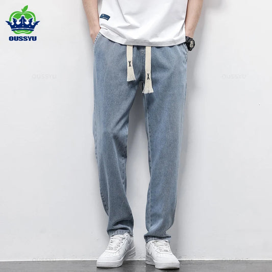 Men's Jeans Cotton Soft Drawstring Straight Pants Elastic Waist Vintage