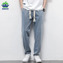 Men's Jeans Cotton Soft Drawstring Straight Pants Elastic Waist Vintage