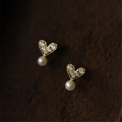 Plated Stud Earrings Mock Pearl Zircon Heart Earrings