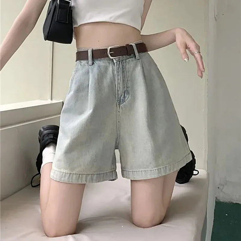 Light Blue High Waist Denim Shorts Summer Wide Leg Vintage