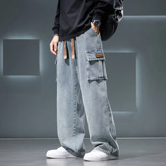 Wide Leg Washing Jean Pants Men Trousers Solid Color Loose Casual Fashion