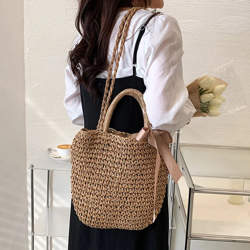 Handmade Straw Bags Ribbons Bowknot Beach Knitting Handbags