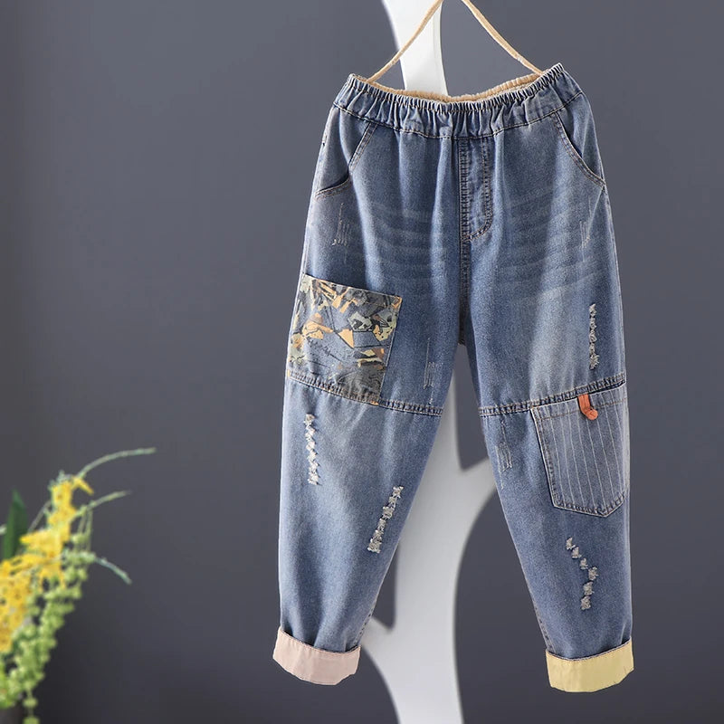 Casual Boyfriend Baggy Jeans Fashion Vintage Style Patchwork Streetwear 