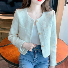 Fashion Tweed Cropped Jackets Round Neck Chic Coat