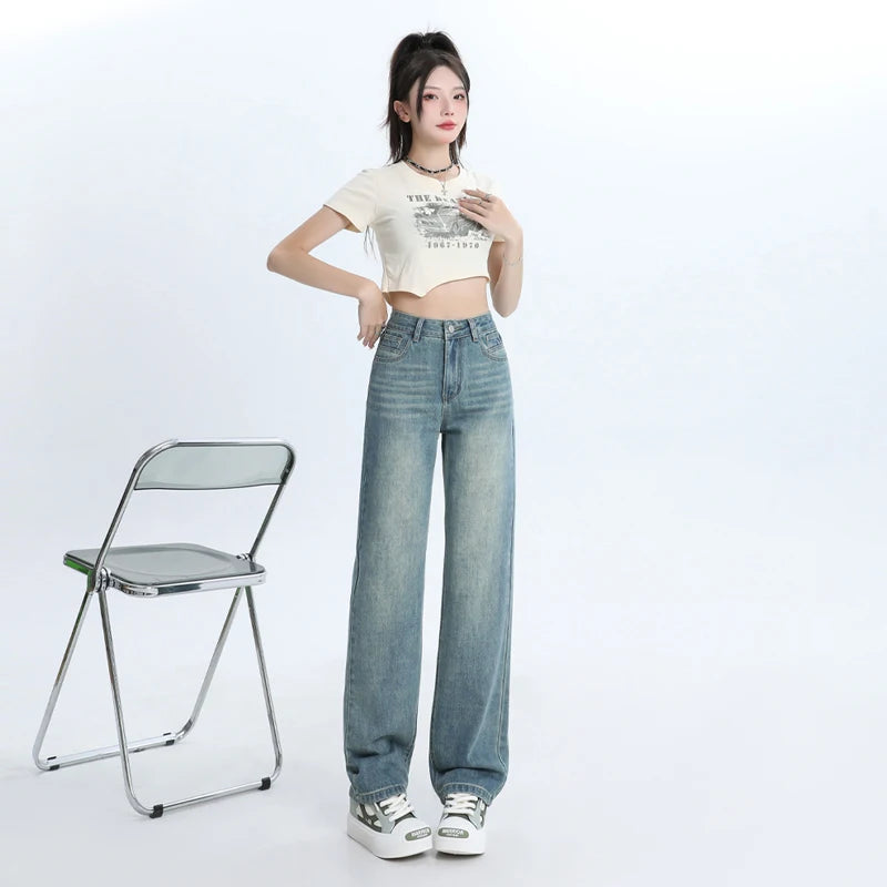 Woman Jeans High Waist Wide Leg Jean Cotton Denim Clothing Straight Leg