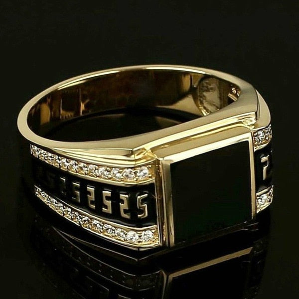 Classic Ring Fashion Metal Gold Color Inlaid Black Stone