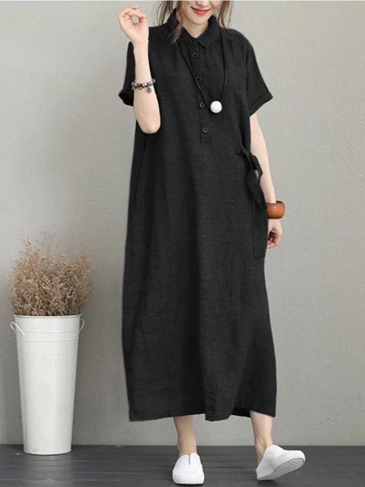 Linen Vintage Casual Loose Lapel Short-sleeved Dress