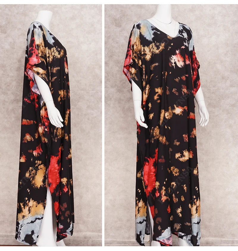 Bohemian Print V-neck Batwing Sleeved Side Split Loose House Dress