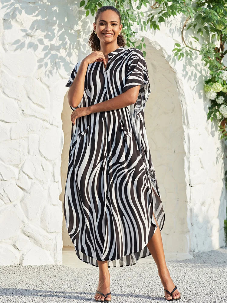 Swimsuit Cover up Women Stripe Print Kaftan Plus Size Bathing Suit