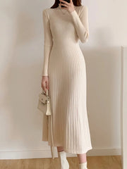 Long Sleeve Midi Knitted Half High Collar Elegant Knitted Sweater Dresses