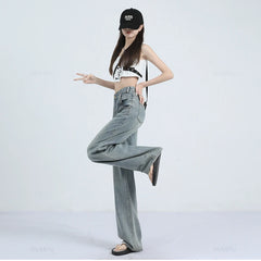 Woman Jeans Thin Loose Wide Leg Straight High Waisted Pant