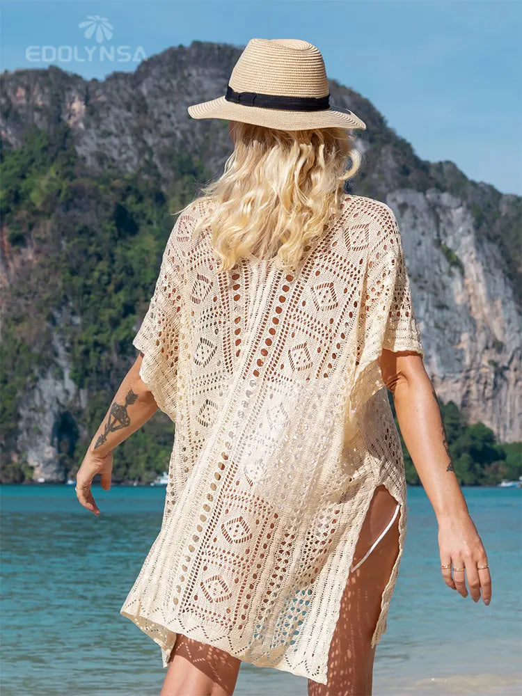 White Crochet Tunic Bikini Cover-ups Hollow Out Short Sleeve Tassel