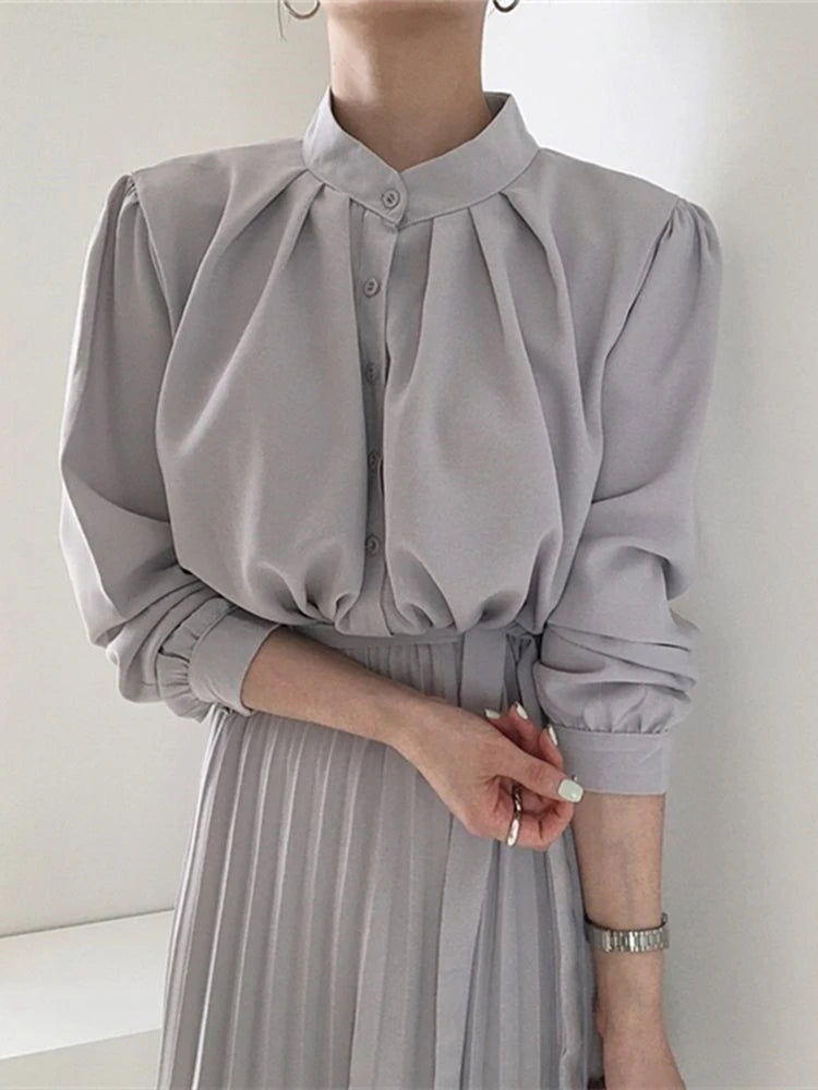 High Waist Shirt Fashion Lace Up Pleated Long Dresses