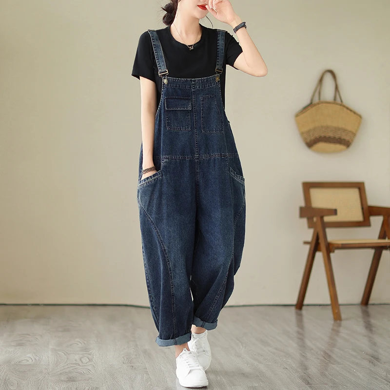 Fashion Women's Multi Pocket Cargo Suspender Vintage Patchwork Denim