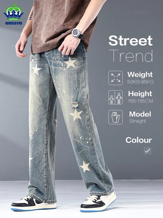 Star Print Design Men's Jeans Cotton Straight Denim Pants Style Streetwear