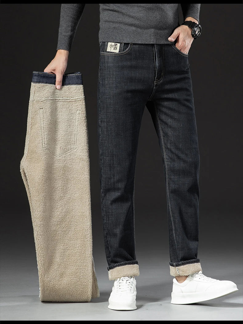 Classic Men's Business Casual Velvet Jeans Straight Thick Pants