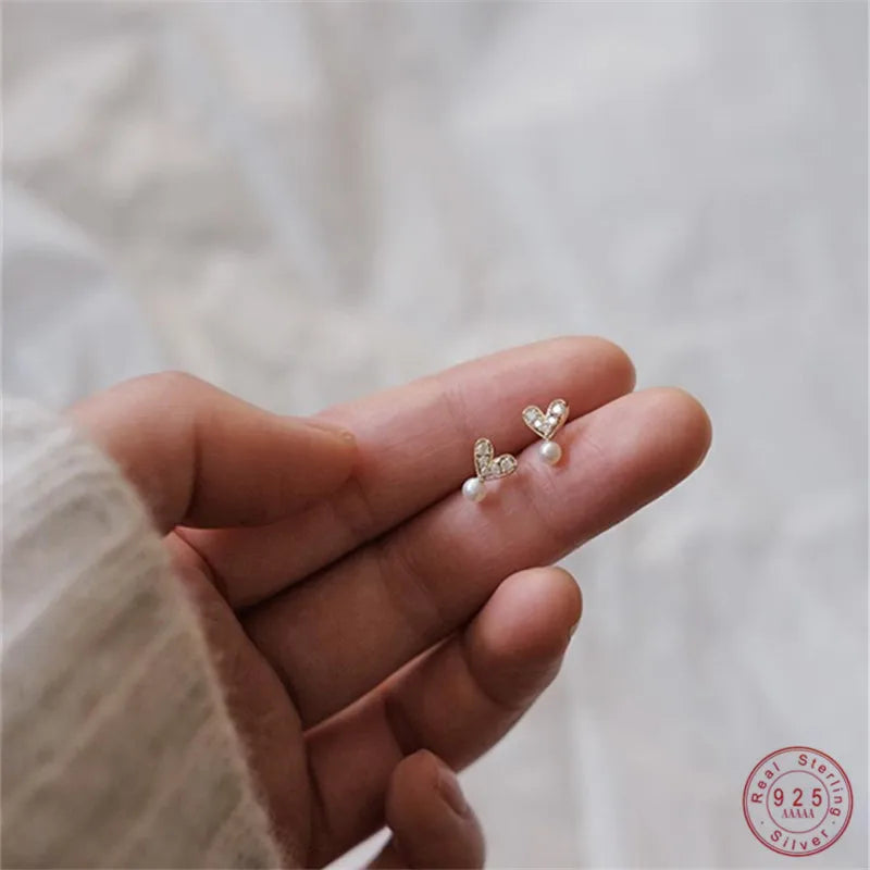 Plated Stud Earrings Mock Pearl Zircon Heart Earrings