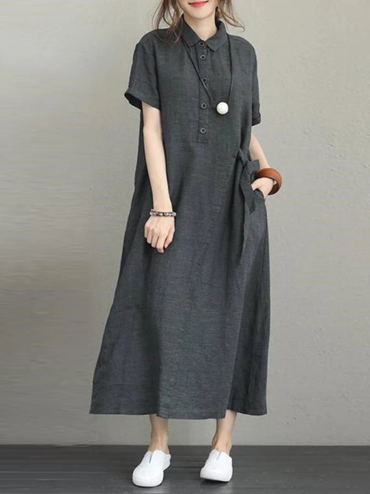 Linen Vintage Casual Loose Lapel Short-sleeved Dress