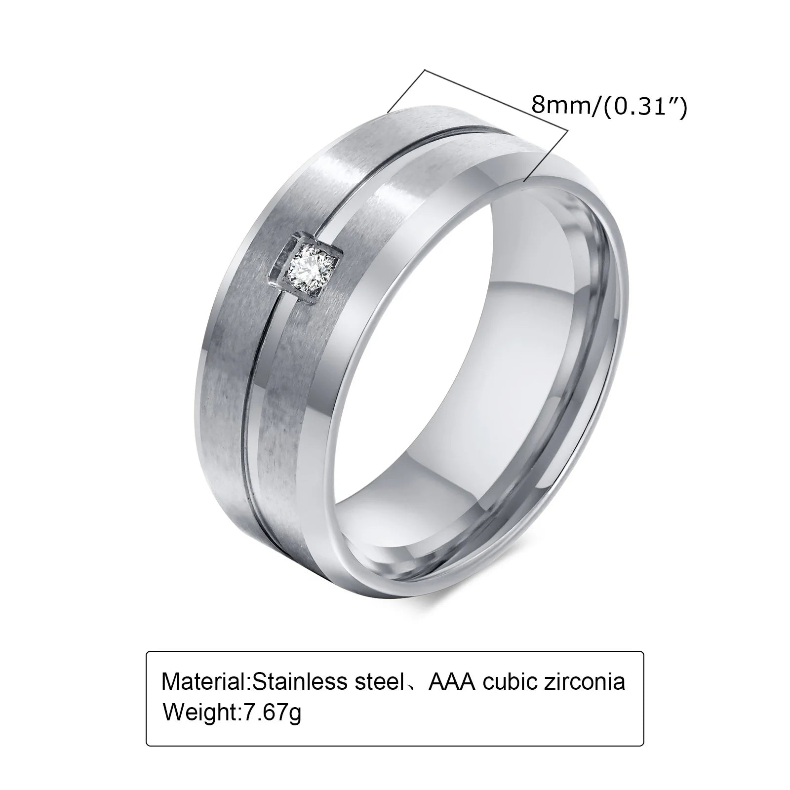 8mm Men's Band CZ Stone Stainless Steel Line Ring Simple Casual