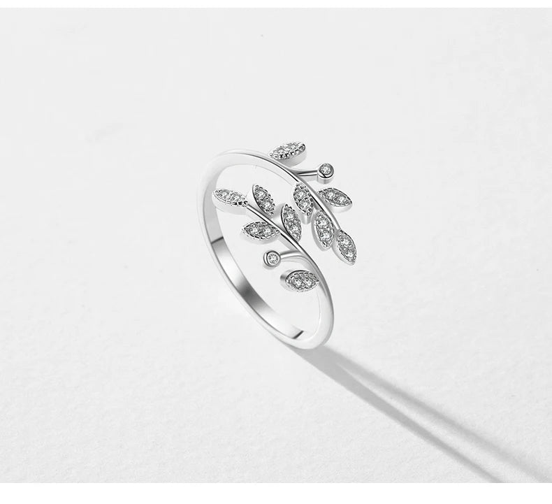 Silver Tree Leaf Finger Adjustable Rings Sparkle Pave