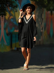 Slimming Black Tunic kaftan V-neck Off Shoulder Plus Mini Dress