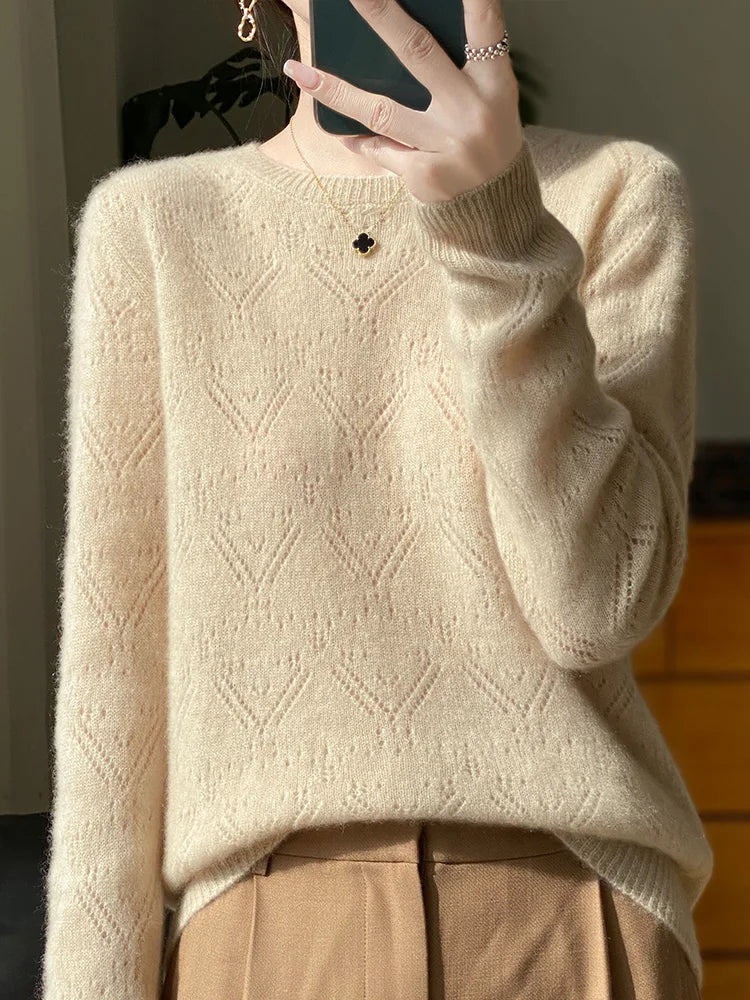 Women O-neck Pullover Sweater Hollow Out Long Sleeve Jumper