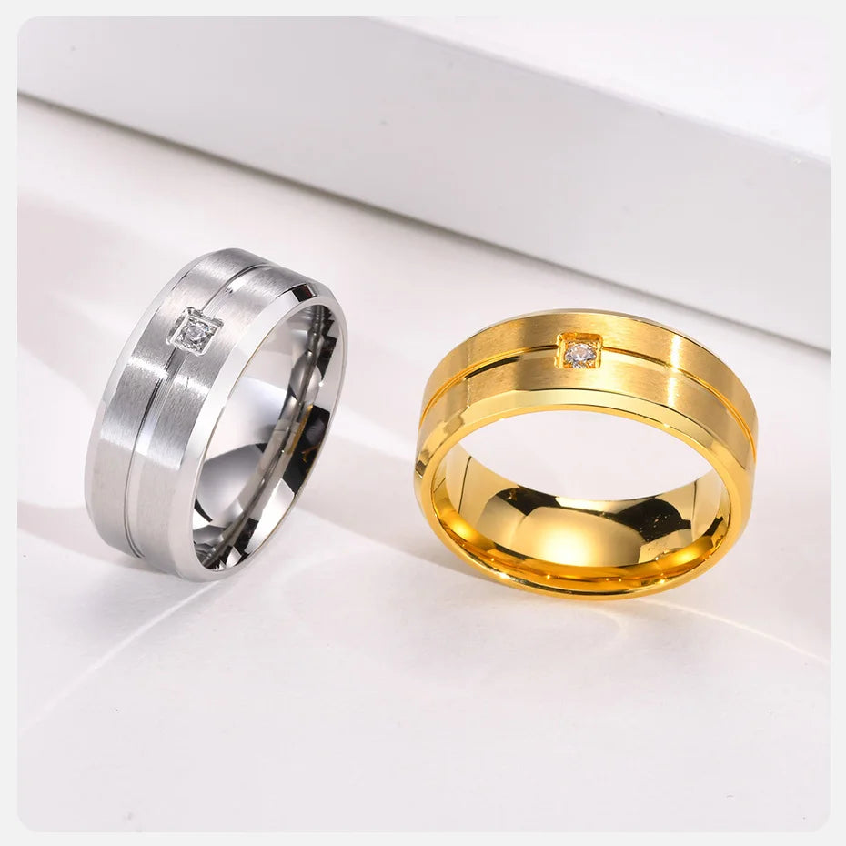 8mm Men's Band CZ Stone Stainless Steel Line Ring Simple Casual