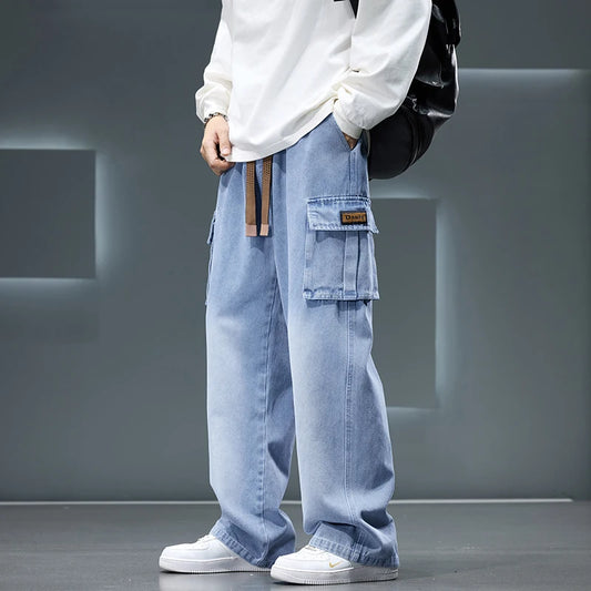 Wide Leg Washing Jean Pants Men Trousers Solid Color Loose Casual Fashion