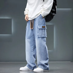 Wide Leg Washing Jean Pants Men Trousers Solid Color Loose Casual Fashion