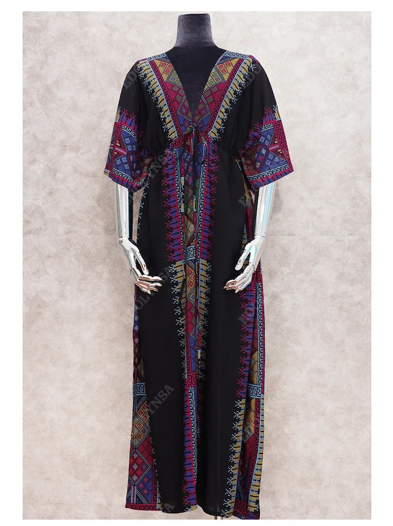 Neck V Back Side Split Black Indie Folk Kaftan Dress